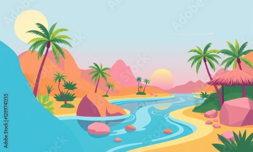 A vibrant tropical coastal landscape illustrated with lush palm trees, colorful pink-hued mountains, serene flowing river, and sunset skies