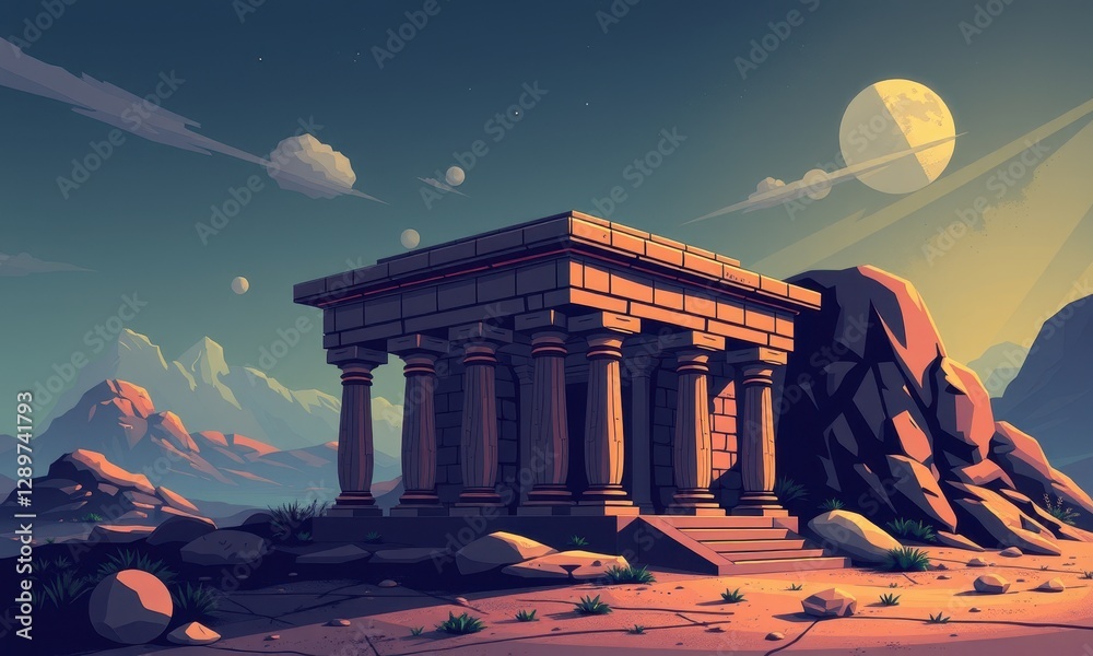 Fototapeta premium Majestic Ancient Stone Temple in a Surreal Desert Landscape Under a Moonlit Sky with Celestial Bodies and Distant Mountain Range