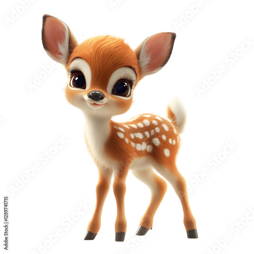 Fluffy 3D Cartoon Deer Fawn with Soft Spotted Fur Isolated on Transparent Background