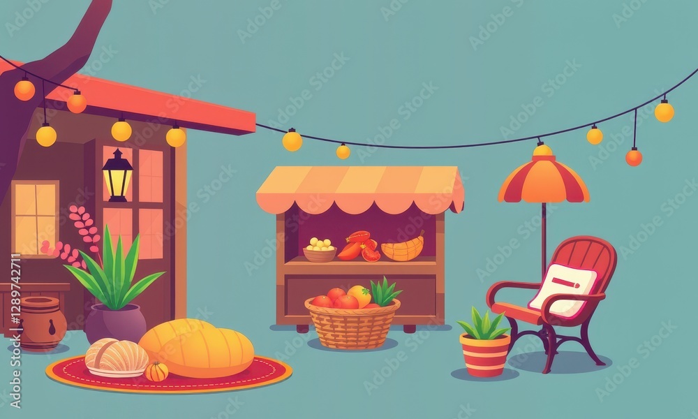 Obraz premium Outdoor fruit market stall setup with vibrant decorations, featuring baskets of fruits, a cozy lounge chair, plants, and hanging lights in a charming scene.