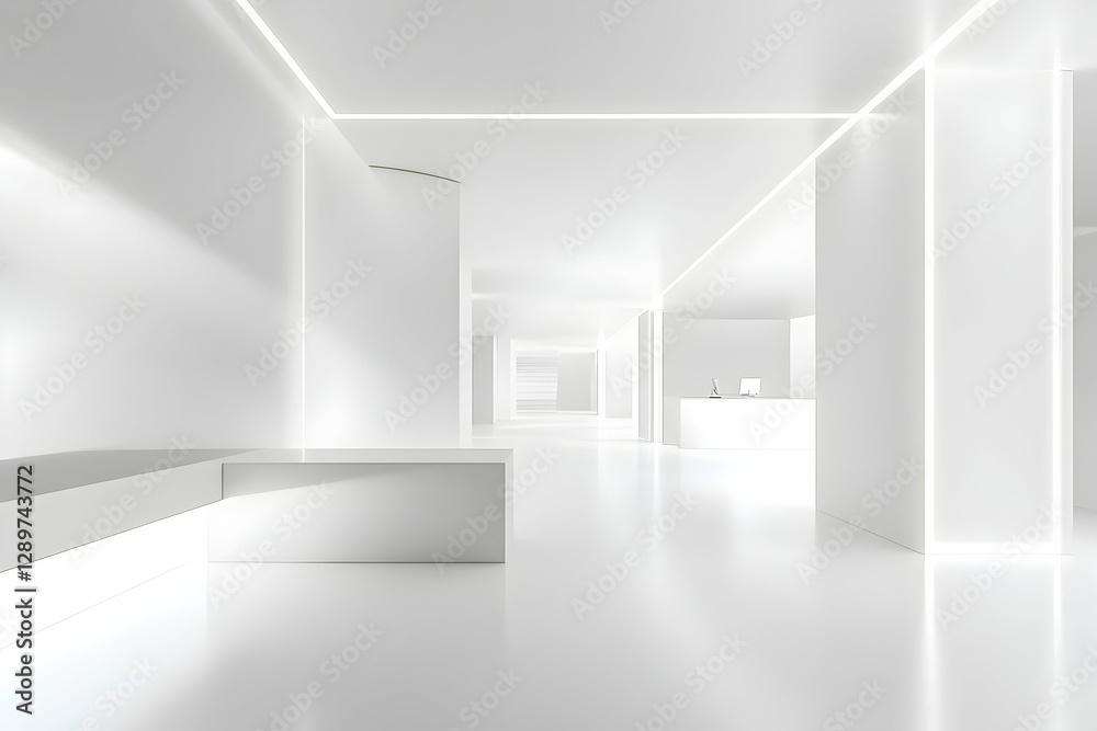 White minimalist office with an open workspace concept White minimalist office with an open workspace concept
