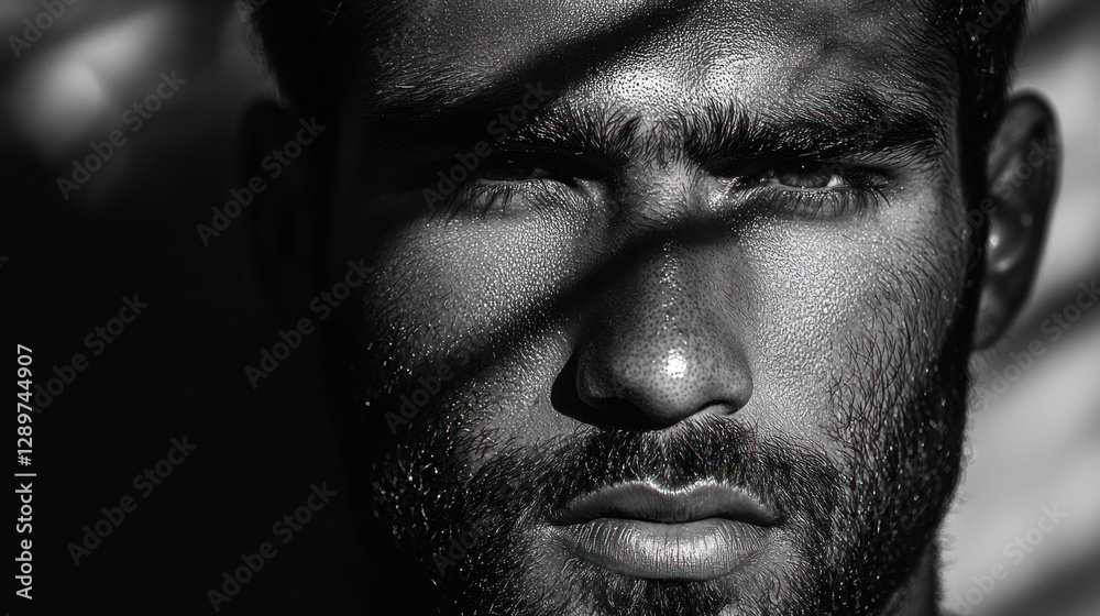 Close-up black and white portrait of a man's intense gaze, partially shadowed by sunlight.