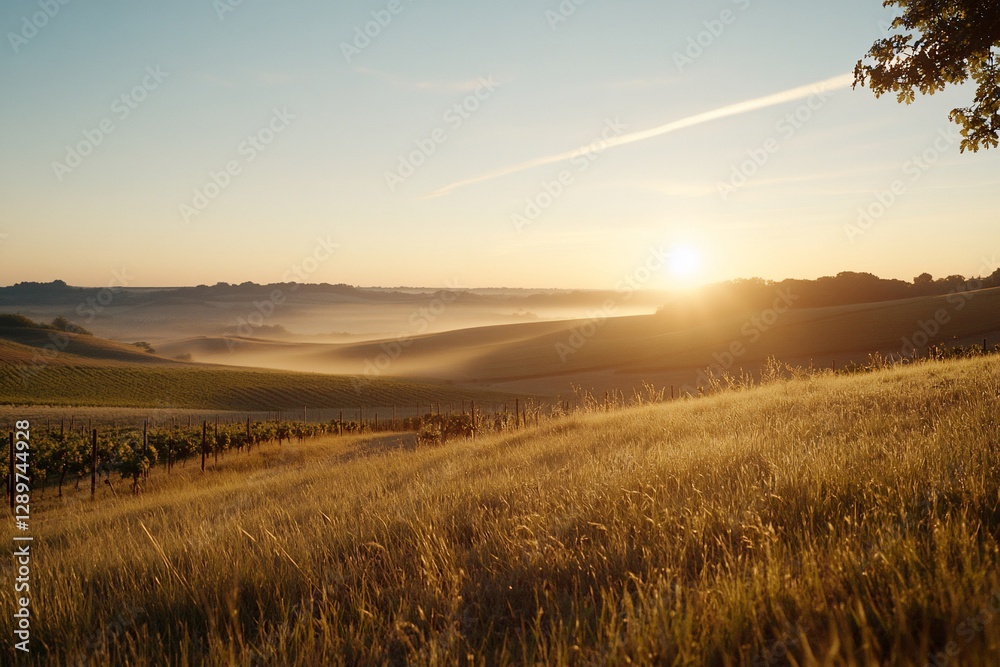 Fototapeta premium Sunrise over misty vineyard valley.