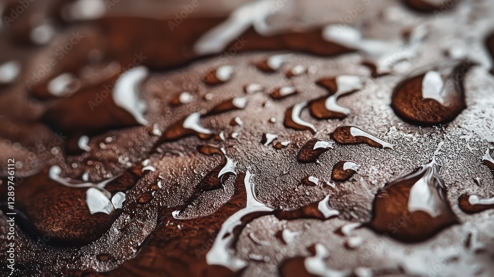 Water droplets on dark brown textured surface.