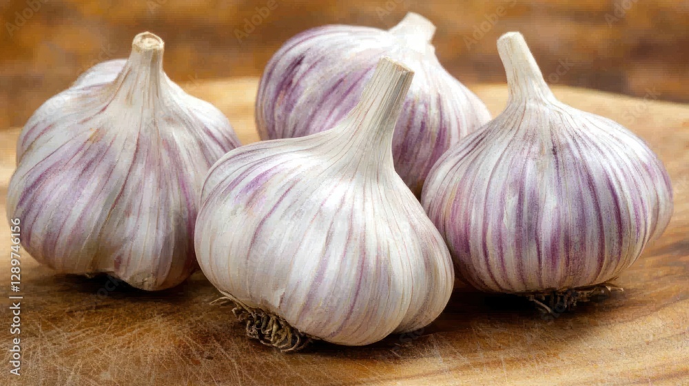 Obraz premium Four whole garlic bulbs on wooden board.