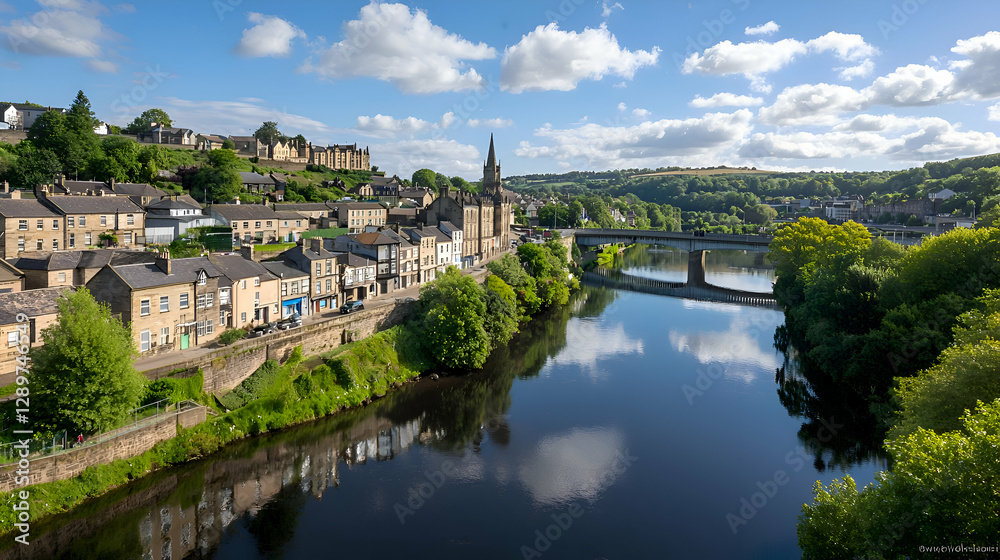 Fototapeta premium River Landscape with Town and Bridge on a Sunny Day