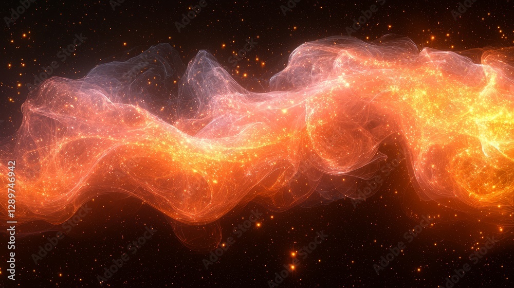 A luminous and fiery cosmic nebula with many sparkling stars A luminous and fiery cosmic nebula with many sparkling stars