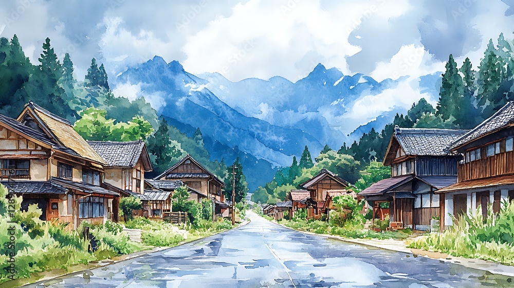 A peaceful watercolor painting of a rural village road A peaceful watercolor painting of a rural village road