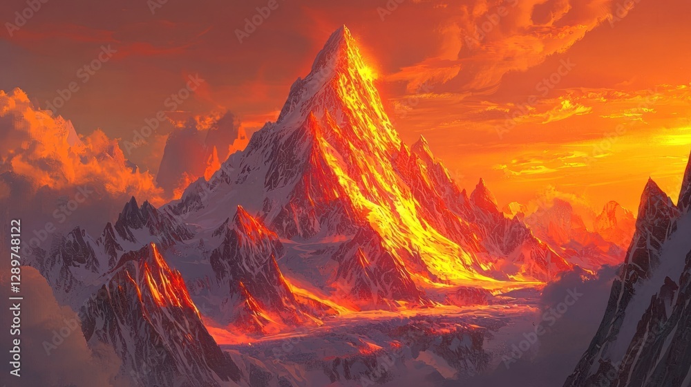 Fototapeta premium Fiery sunset illuminates a snow-capped volcano.