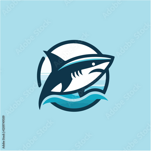 Striking shark logo design featuring stylized ocean waves and a bold color palette, suitable for marine-themed businesses or sports team branding