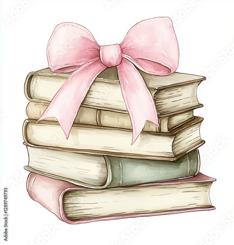stack of old books with pink ribbon, watercolour clip art 