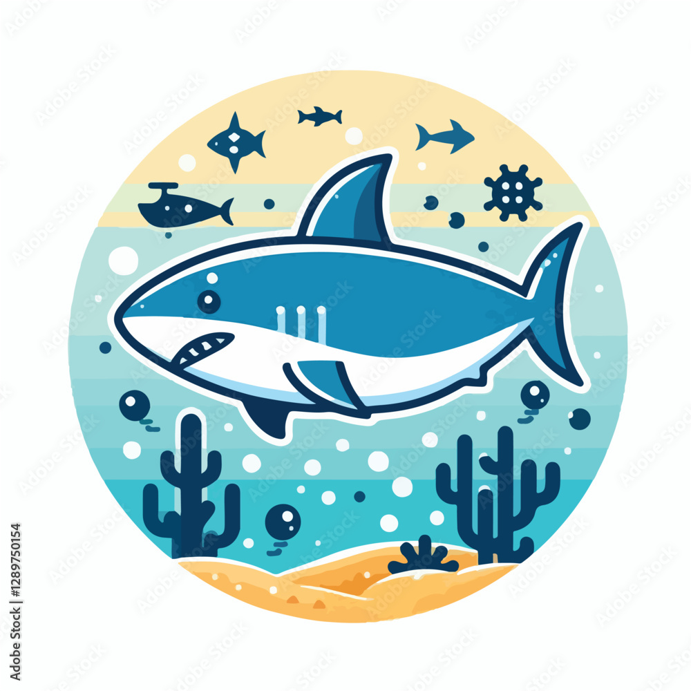 Obraz premium Cartoon shark swimming in ocean waters with sand and plants, suitable for children's books, educational materials, and marine life illustrations