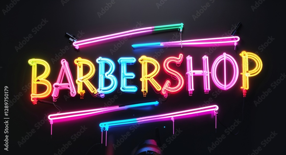 Naklejka premium Barbershop colorful neon graffiti lettering on plain black background