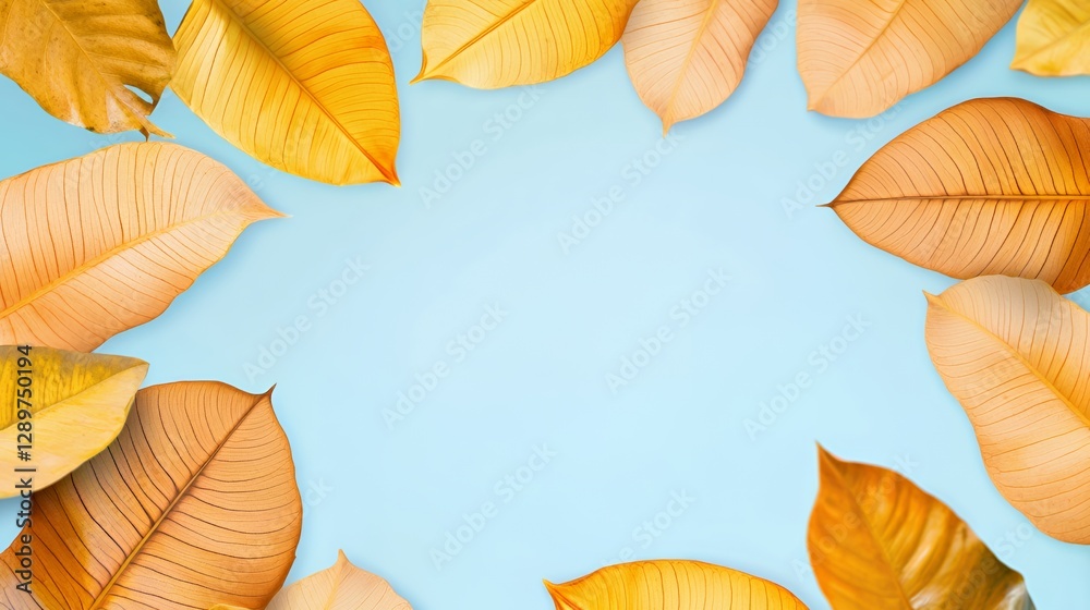 Fototapeta premium Orange and Yellow Leaves Frame on a Light Blue Background