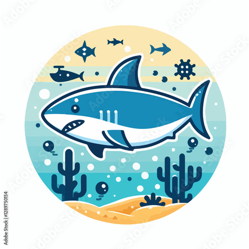 Cartoon shark swimming in ocean waters with sand and plants, suitable for children's books, educational materials, and marine life illustrations