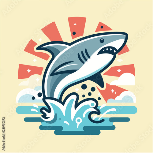 Cartoon shark leaping out of the water with sunburst background, ideal for children's book illustration, educational material, or marine life themed designs