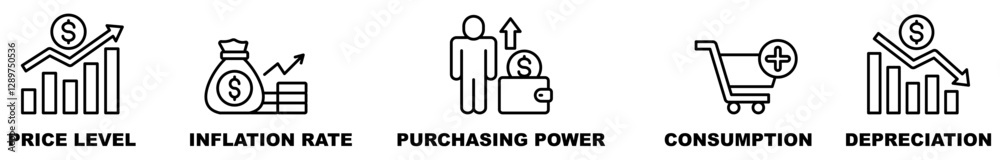 Banner of inflation vector illustration concept with English keywords and icon of price level, inflation rate, purchasing power, consumption Banner of inflation vector illustration concept with English keywords and icon of price level, inflation rate, purchasing power, consumption