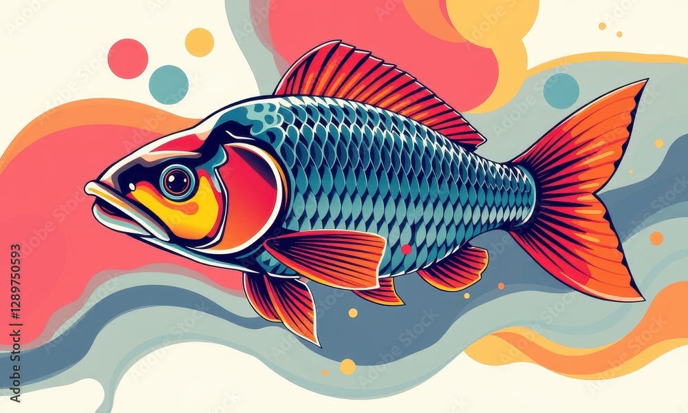 Fototapeta premium Vibrant and Colorful Illustration of a Fish with Dynamic Patterns and Abstract Background Featuring Bold Shades of Red, Blue, and Orange in an Artistic Style