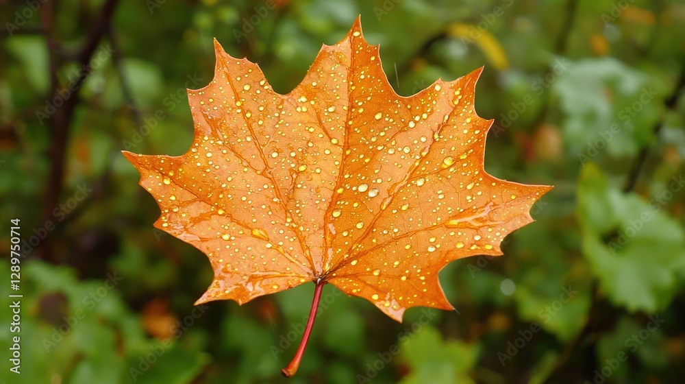 Single wet orange maple leaf on blurred green background. Single wet orange maple leaf on blurred green background.