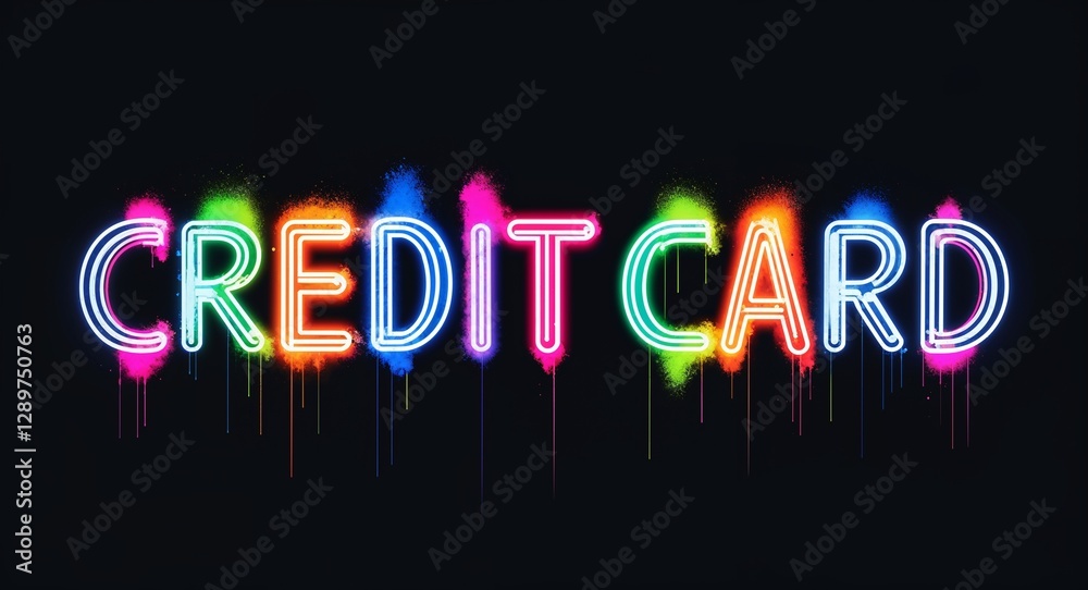 Obraz premium Credit card colorful neon graffiti lettering on plain black background