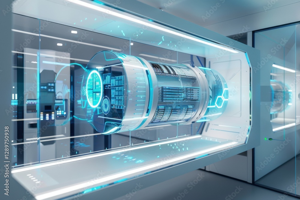 High-tech cloud storage facility transparent servers show data flow holographic interfaces sleek corporate environment in blue and white. High-tech cloud storage facility transparent servers show data flow holographic interfaces sleek corporate environment in blue and white.