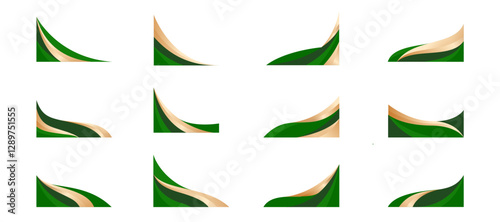 Gold and Green Wavy Shape Border and Corner Frame Vector Set Collection. Decorative Elements Corners, Borders, and Frames. Elegant Shape for Banners, Certificates, Invitations, and Covers Design