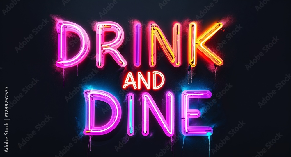 Obraz premium drink and dine colorful neon graffiti lettering on plain black background