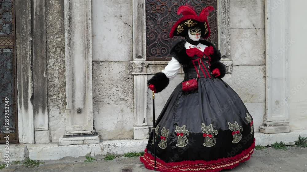 Venice, Italy - People dressed in carnival masks are photographed by tourists in the scenery of the ancient Venetian palaces Venice, Italy - People dressed in carnival masks are photographed by tourists in the scenery of the ancient Venetian palaces