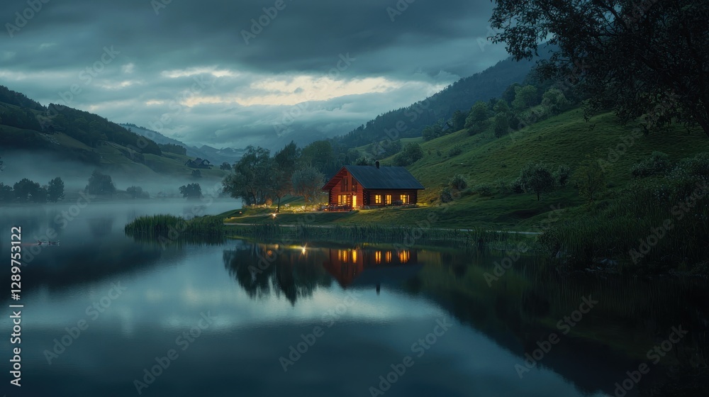 Fototapeta premium Lakeside cabin at twilight, reflecting in calm water.