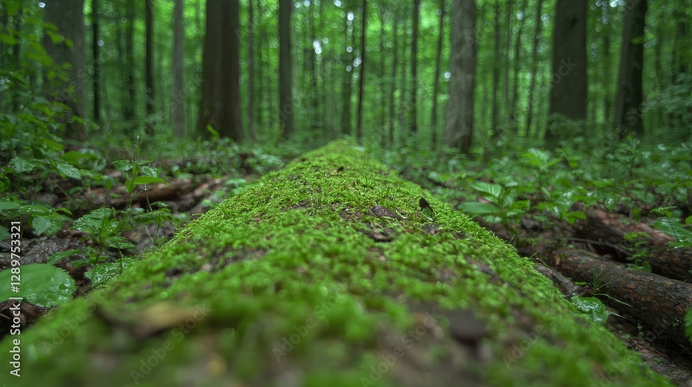 Mossy log in a forest, tranquil woodland scene, ideal for nature, environmental, or travel themes Mossy log in a forest, tranquil woodland scene, ideal for nature, environmental, or travel themes