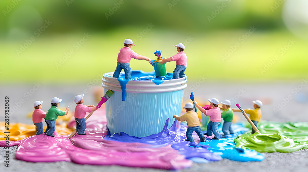 Fototapeta premium Miniature painters mixing paint outdoors