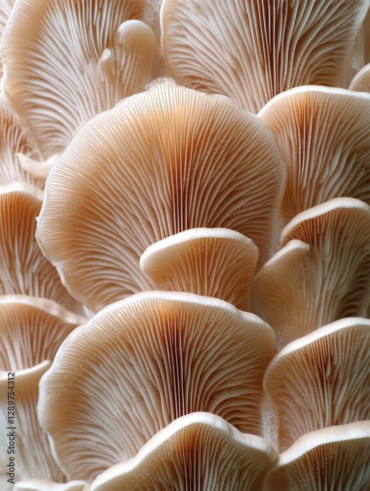 Close-up view of oyster mushroom gills Pleurotus ostreatus texture organic pattern natural background high-resolution macro photography Close-up view of oyster mushroom gills Pleurotus ostreatus texture organic pattern natural background high-resolution macro photography