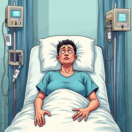A man lying in a hospital bed with an anxious look, surrounded by medical monitors, IVs, and life-support equipment.