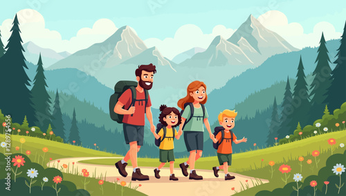 A happy family hiking through a beautiful mountain landscape, surrounded by lush greenery and fresh air, enjoying an outdoor adventure together.