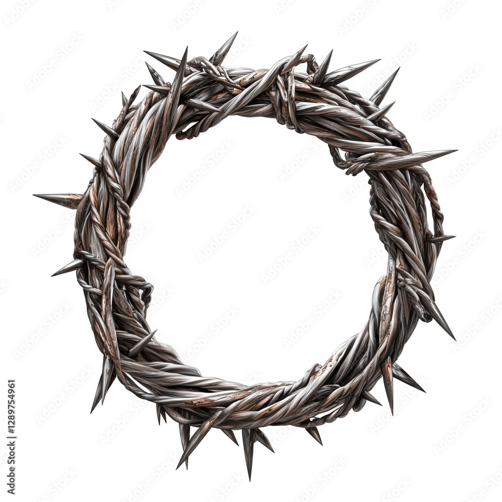 Fototapeta premium A conceptual vector-style artwork of a spiked wire loop, artistically styled to represent Christian themes, created in a precise and aesthetic-driven graphic design, transparent background, PNG