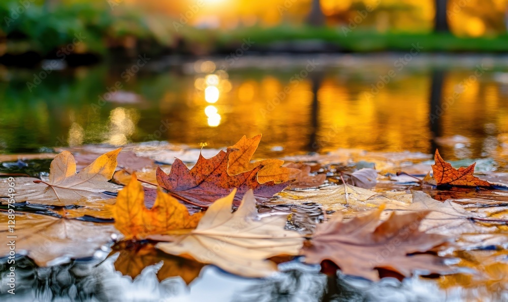 Autumn leaves floating on pond at sunset in park Autumn leaves floating on pond at sunset in park