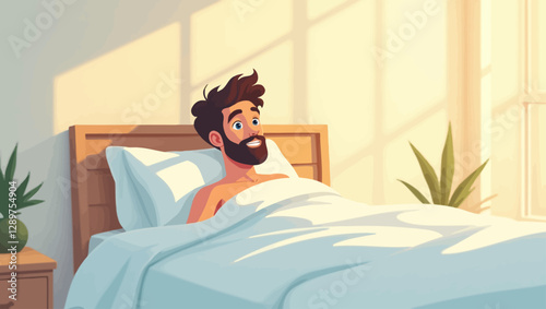 A man resting peacefully in bed, enjoying the sunlight through the window, representing calmness and relaxation.