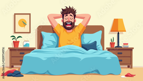 A sleepy man stretching and yawning in bed in the morning, reflecting rest, laziness, and relaxation.