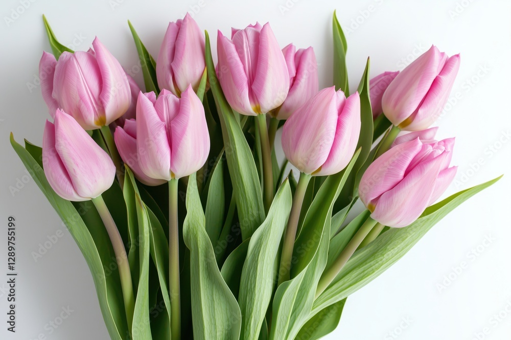 Pink tulips with soft petals on white background, creating a delicate and vibrant floral composition Pink tulips with soft petals on white background, creating a delicate and vibrant floral composition