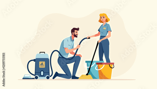 Vector illustration of two cleaning workers using a vacuum cleaner and mop, emphasizing cleanliness, hygiene, and teamwork in cleaning services.