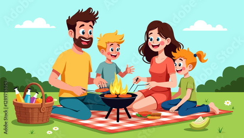 Vector art of a family enjoying a summer picnic in the park with food and fun. Ideal for family lifestyle and outdoor activity designs.