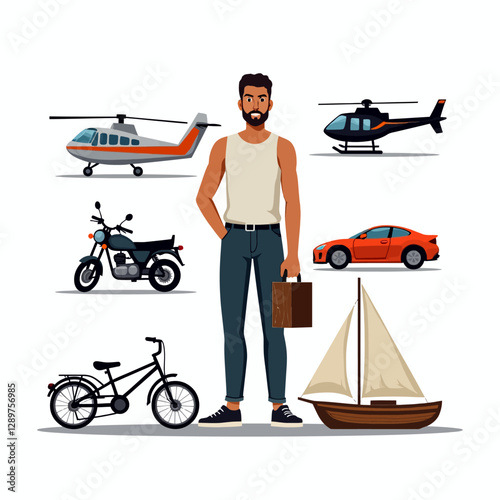 A man standing with various modes of transportation including a car, helicopter, bicycle, and sailboat, symbolizing travel and adventure.