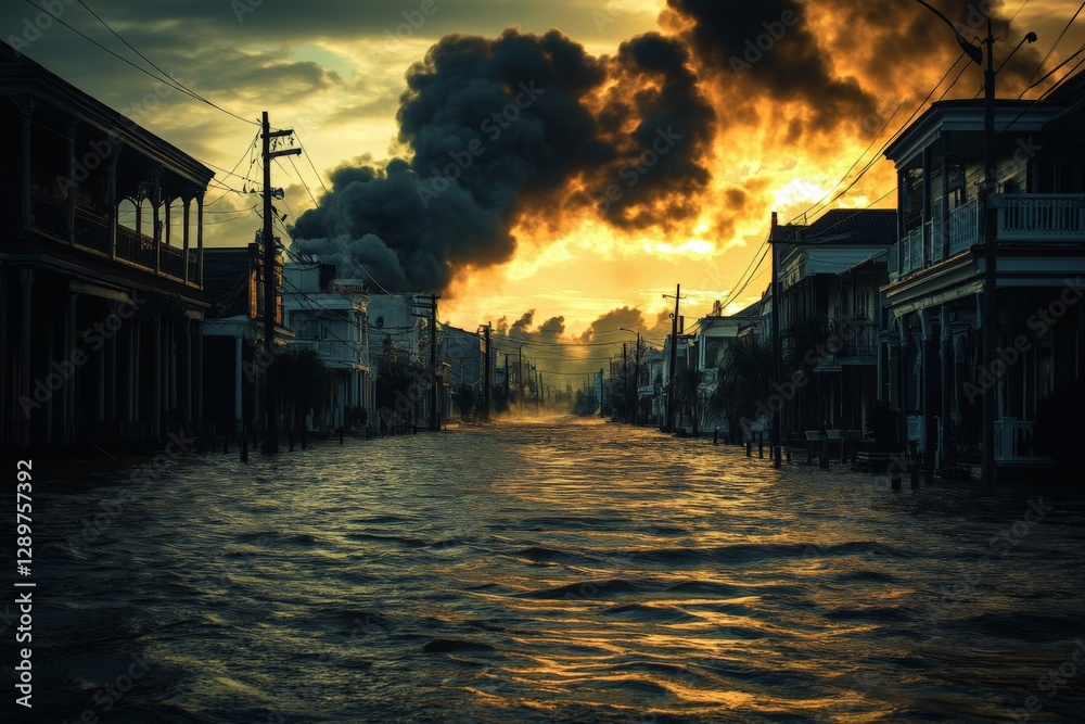 Flooded street illuminated by sunset and smoke from a distant fire during a natural disaster in an urban area Flooded street illuminated by sunset and smoke from a distant fire during a natural disaster in an urban area