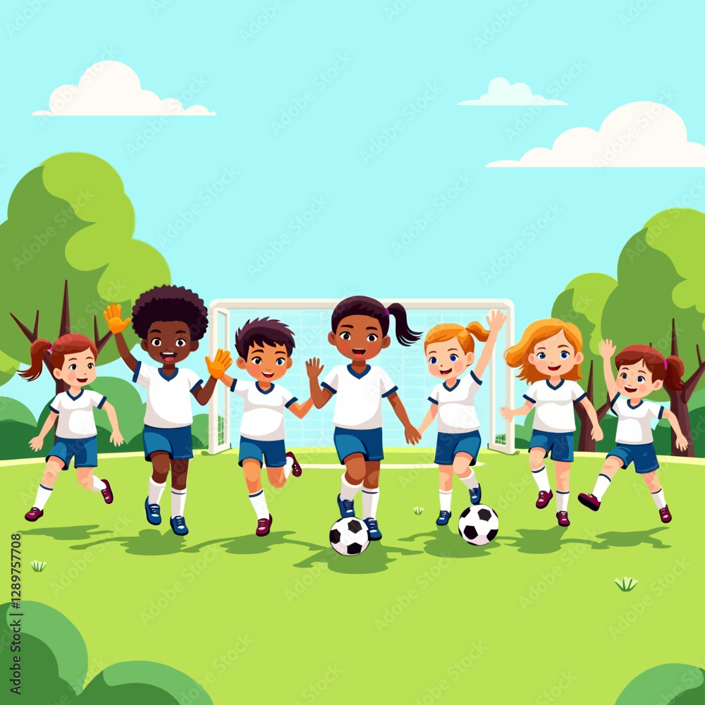 Smiling kids holding hands and celebrating after a soccer match on a bright green field with soccer balls. Smiling kids holding hands and celebrating after a soccer match on a bright green field with soccer balls.
