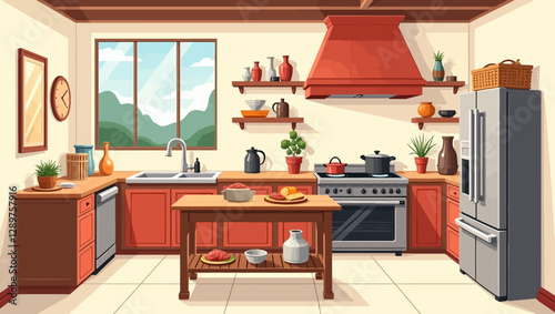 Warm and inviting vector illustration of a cozy kitchen interior with rustic decor, wooden furniture, modern appliances, and a welcoming atmosphere.