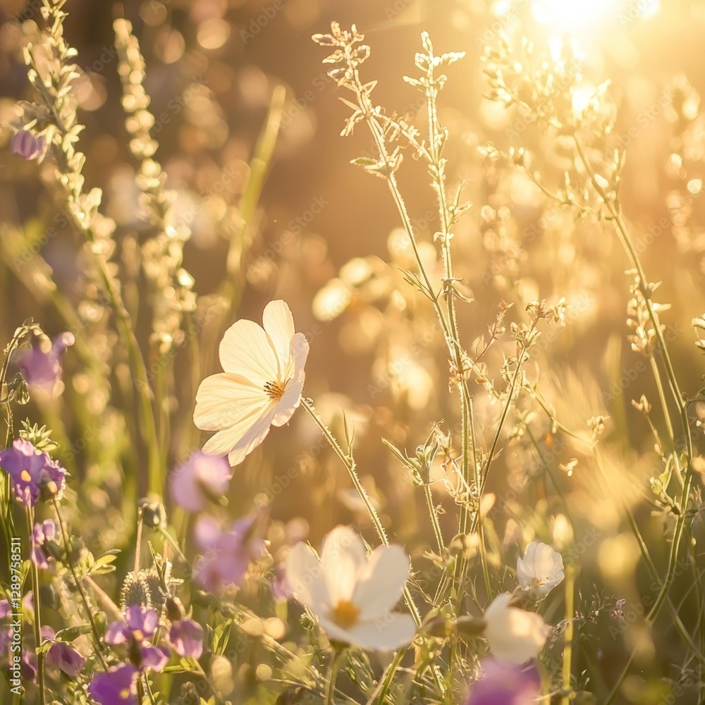 Fototapeta premium Golden hour sunlight illuminates wildflowers in a meadow.