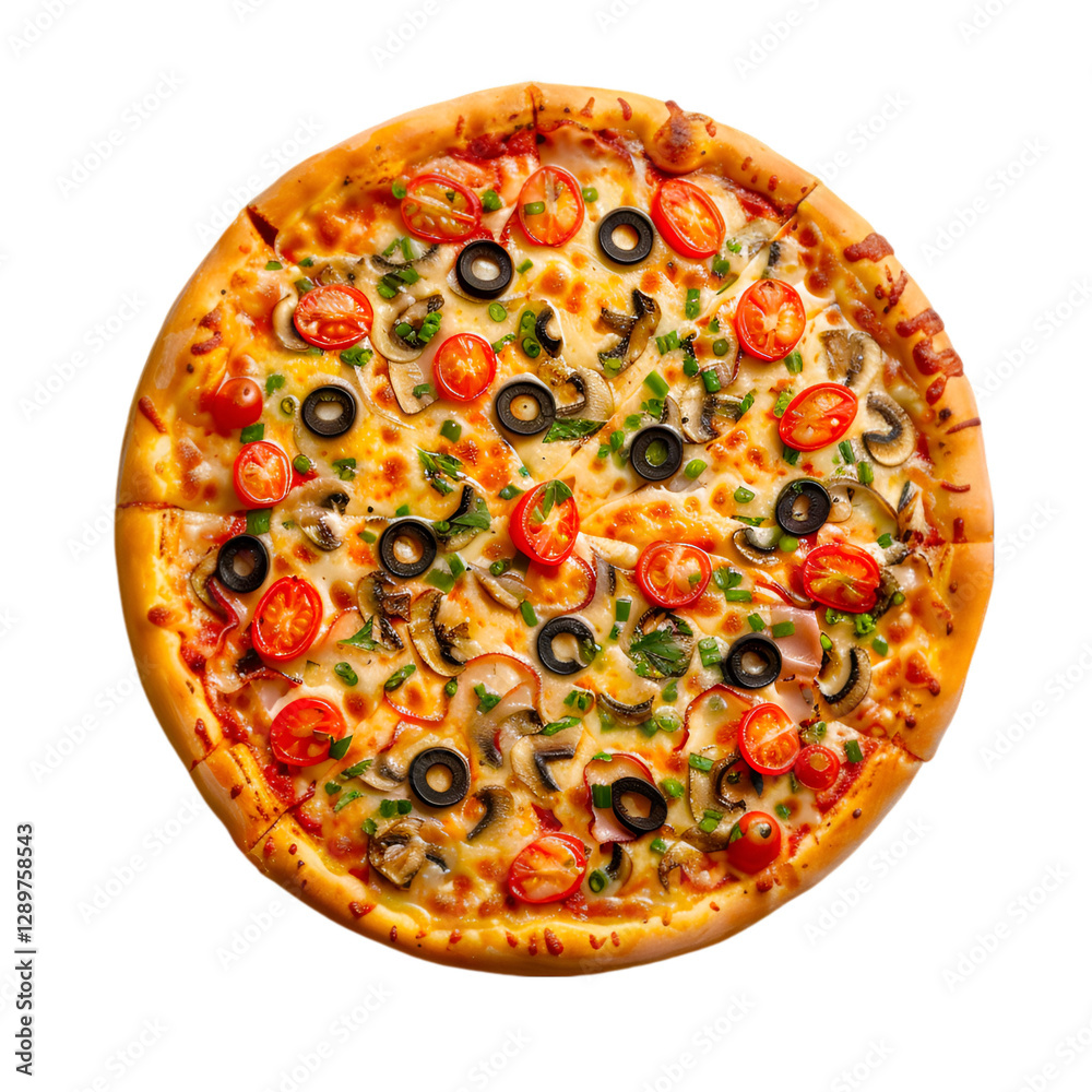 Delicious Pizza with Mushrooms Olives and Tomatoes, Delicious Pizza with Mushrooms Olives and Tomatoes,