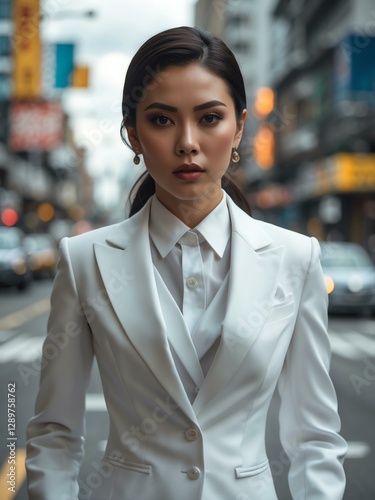 Attractive adult filipino gal in white themed formal suit portrait on busy city street background, facing front and looking serious