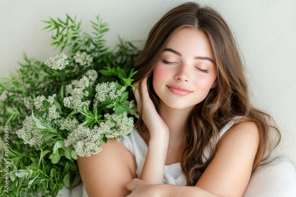 Young woman with serene expression posing alongside fresh herbs in a cozy indoor setting Young woman with serene expression posing alongside fresh herbs in a cozy indoor setting