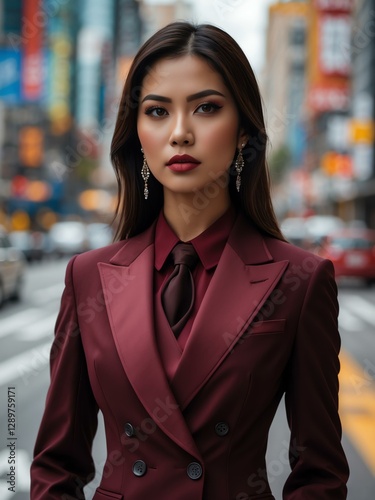Attractive adult filipino gal in burgundy themed formal suit portrait on busy city street background, facing front and looking serious